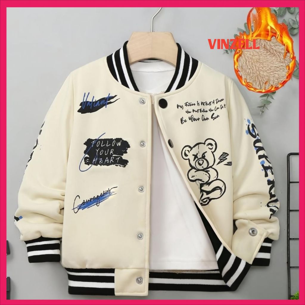 แจ็คเก็ต VARSITY สําหรับ BOYS & GIRLS (1 ปี - 16 ปี) BEAR CARTOON MOTIF สไตล์เกาหลี 1 2 3 4 5 6 7 8 