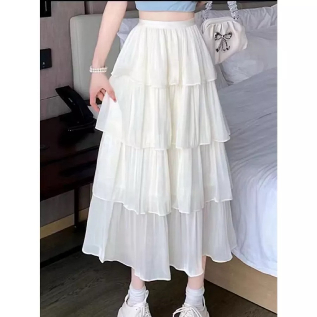 4-LAYER CERUTY Layered SKIRT / MIDI SKIRT สไตล์เกาหลี 4-LAYER Ruffled SKIRT