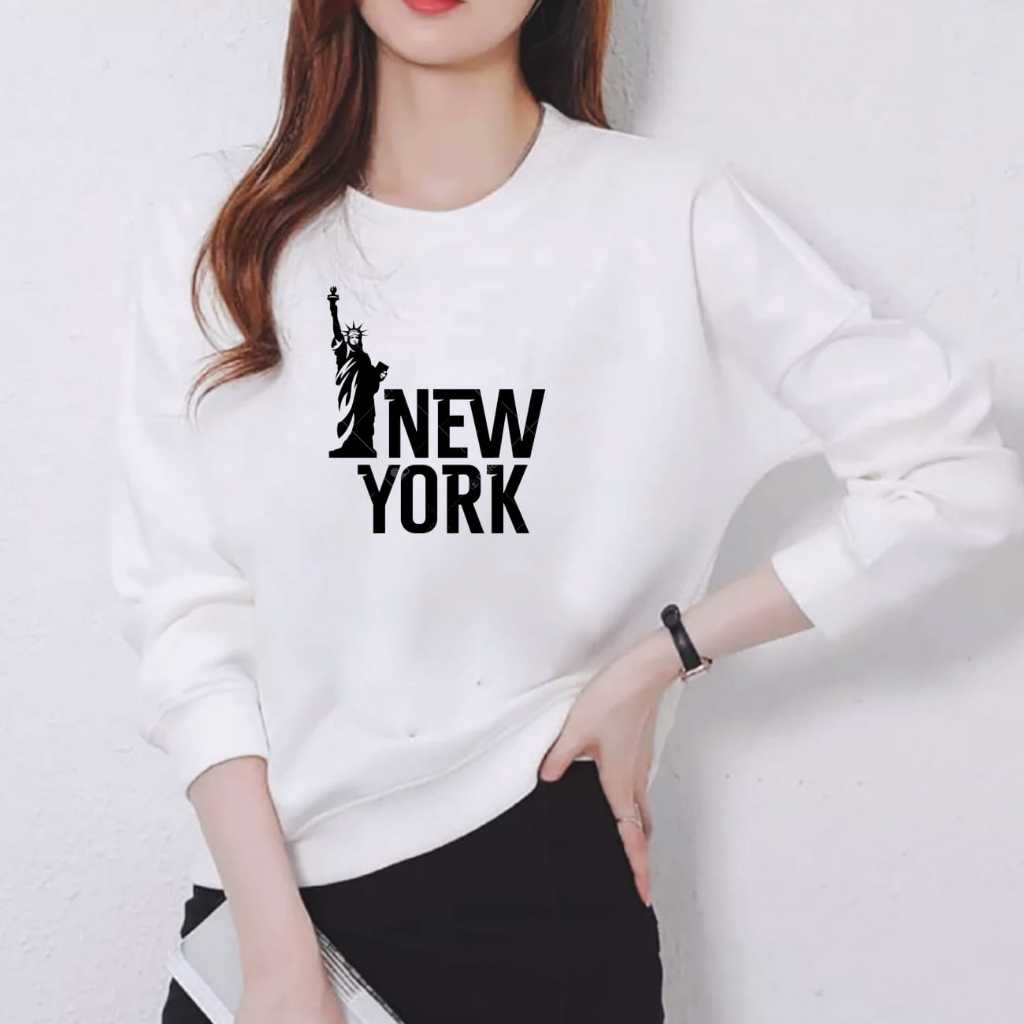 เสื้อยืดแขนยาวผู้หญิงผู้ใหญ่ลายนิวยอร์ก เสื้อยืด คอกลม แขนยาวผู้หญิงพิมพ์ลาย DTF