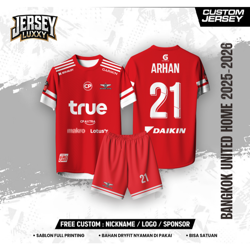 Arhan Bangkok United Home Football Jersey Design 2025-2026 Free Custom Name and Dryfit Back Number
