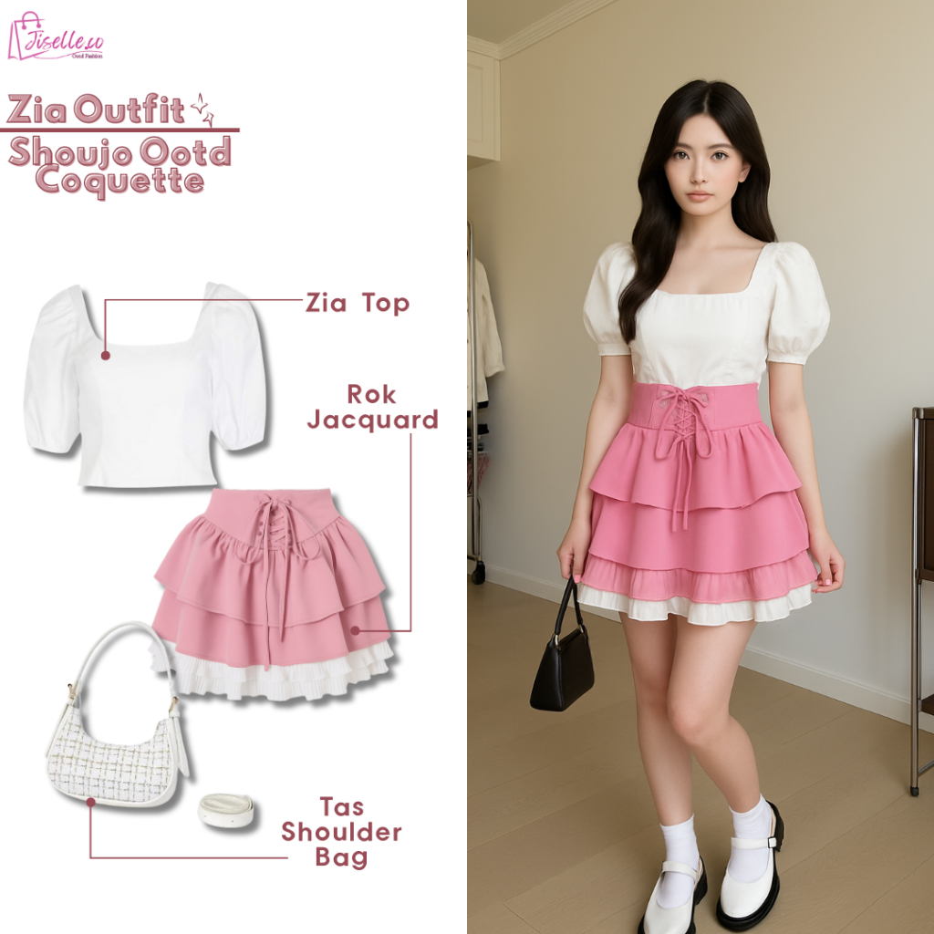 One Set Shoujo Outfit 3in1 [Zia Top + กระโปรง Jacquard + กระเป๋าสะพาย] Coquette Kiyowo Kekian JC6O