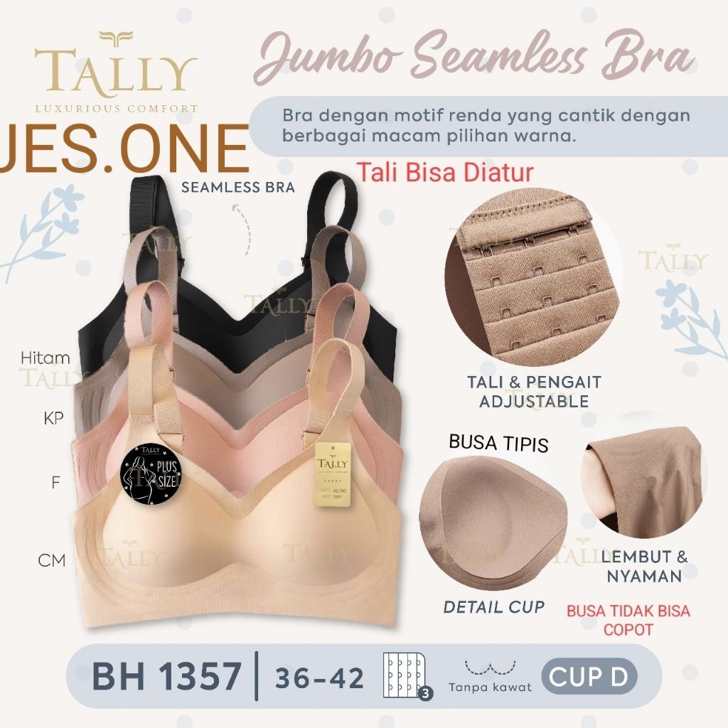 TALALY 1357 Seamless Jumbo Cloud Bra ถ้วยโฟมบาง D No Underwire 3 ตะขอ Size 36 - 42
