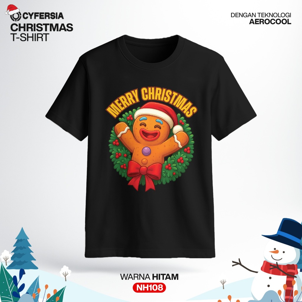 เสื้อแขนสั้น Cyfersia Christmas Edition พร้อมลายขนมปังขิงการ์ตูนสําหรับผู้ชายและผู้หญิง NH108
