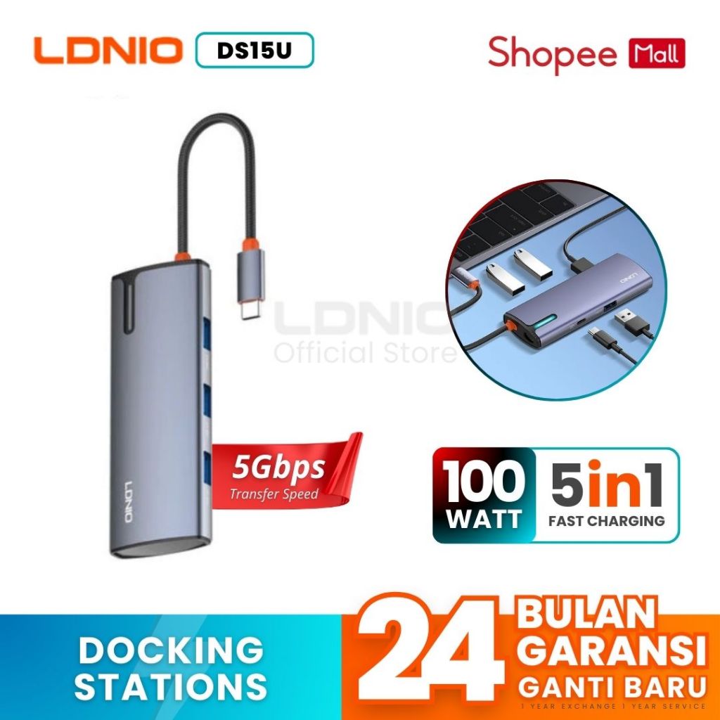 LDNIO Docking Station แล็ปท็อป DS15U 5 in 1 USB C PD 100W ชาร์จเร็ว
