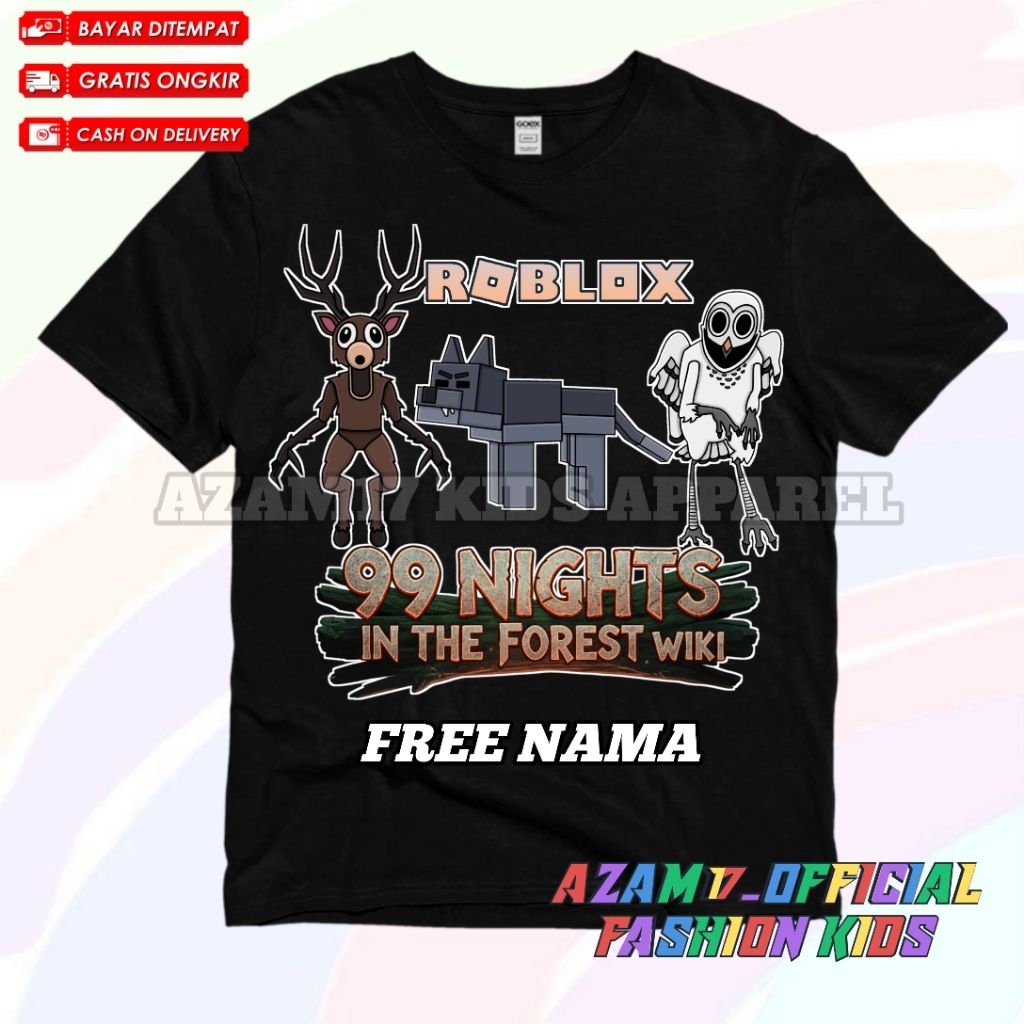Roblox 99 Night In The Forest เสื้อยืดเด็กตัวอักษรทั้งหมดชื่อฟรี/Roblox 99 Night In The Forest เกมเสื้อยืดเด็กกวางนกฮูกหมาป่าตัวละคร