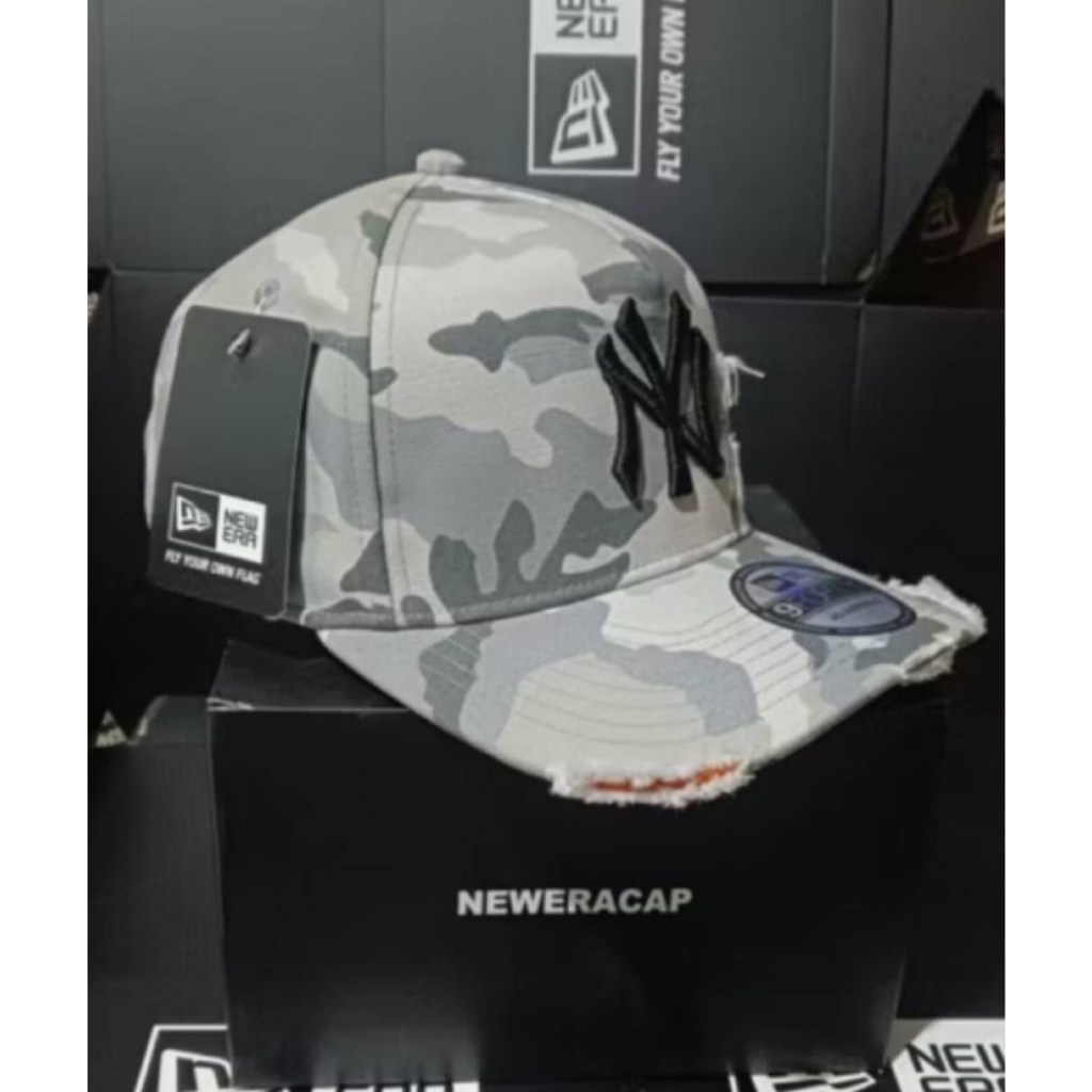 MLB NY DENIM DAMAGE BASEBALL CAP ORIGINAL WHITE CAMO CAPS / หมวกแก๊ปผู้หญิง / หมวกครบชุด