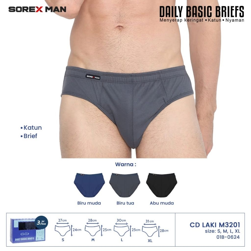 3 ชิ้น Mens Cd Sorex M 3201 Daily Basic Brief พร้อมริ้วรอยยืดหยุ่น
