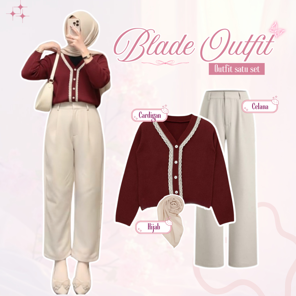 Aura _ Outfit One set Maroon (คาร์ดิแกนน่ารัก + กางเกงงาช้าง + ฮิญาบ) วัยรุ่น One set AM224N bangkok