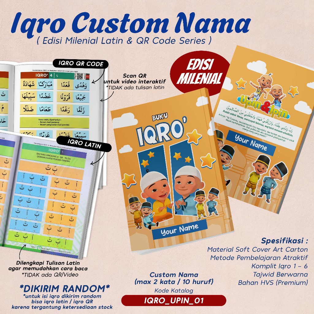 IQRO MILLENNIAL CHILDREN CUSTOM CHARACTER DESIGN UPIN IPIN IQRO MILLENNIAL BOOK TAJWID COLOR COMPLET