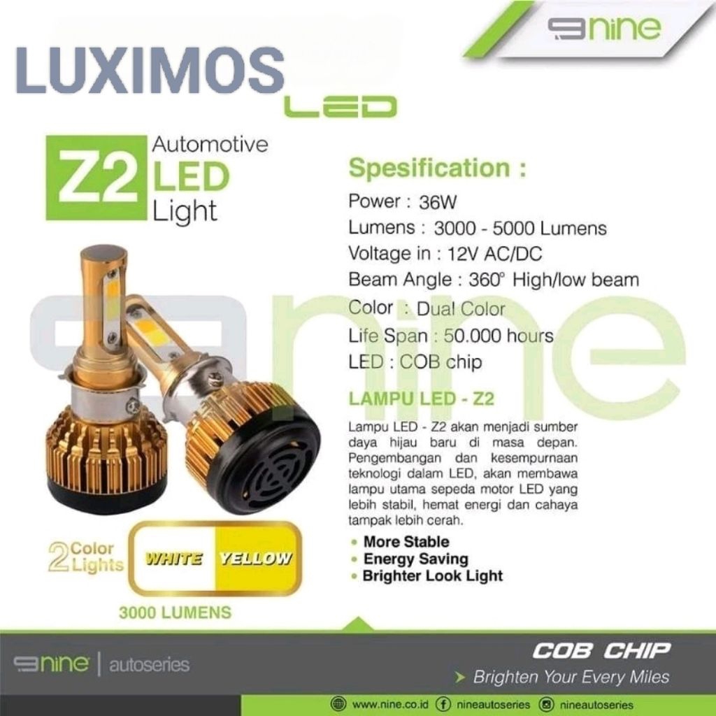 2 สีสีขาวสีเหลือง HI LOW NINE LUXIMOS Z2 SUPER BRIGHT MOTORCYCLE LED LIGHTS