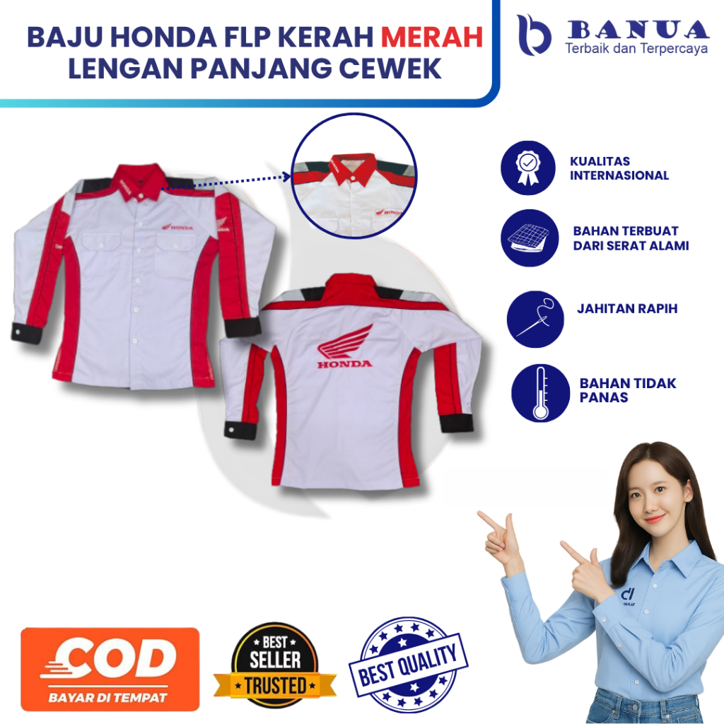 MERAH Honda Frontline People (FLP) เสื้อเชิ้ตแขนยาวคอปกสีแดงสําหรับผู้หญิง | แผนกต้อนรับส่วนหน้า | ฮ