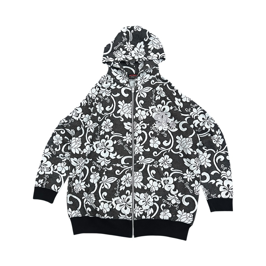 Vintage Y2K Ryu Sports Flowers Design Full Zip Hoodie