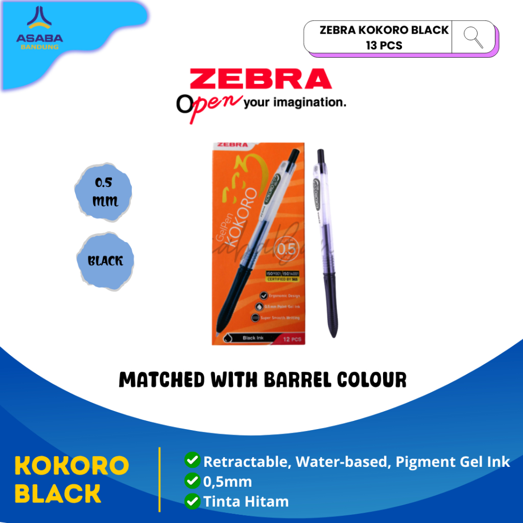 Asaba Bandung - Zebra Kokoro Black Pen 13 ชิ้น / Kokoro Black 1 โหล (หมึกดํา 0.5) ฟรี 1 ชิ้น / ปากกา