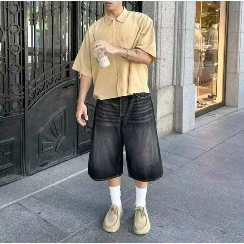 (UNISEX) กางเกง Jorts Baggy กางเกงยีนส์สั้น - Baggy Skena Retro Street Style Wisker ผู้ชายและผู้หญิง