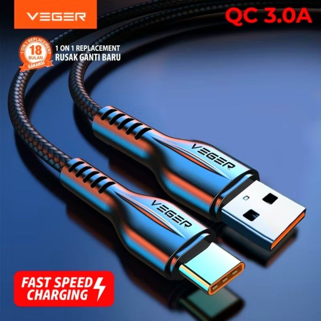VEGER VG-18 TYPE C / สายเคเบิลข้อมูล VEGER VG-18 TYPE C 100 ซม. QC 3.0 ความเร็วชาร์จเร็วรับประกันอย่
