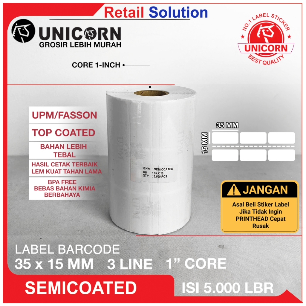 Semicoat สติ๊กเกอร์ฉลากบาร์โค้ดกึ่งเคลือบ - UK 35x15mm / 35x15 mm / 35 x 15 mm บรรจุ 5000 แผ่น
