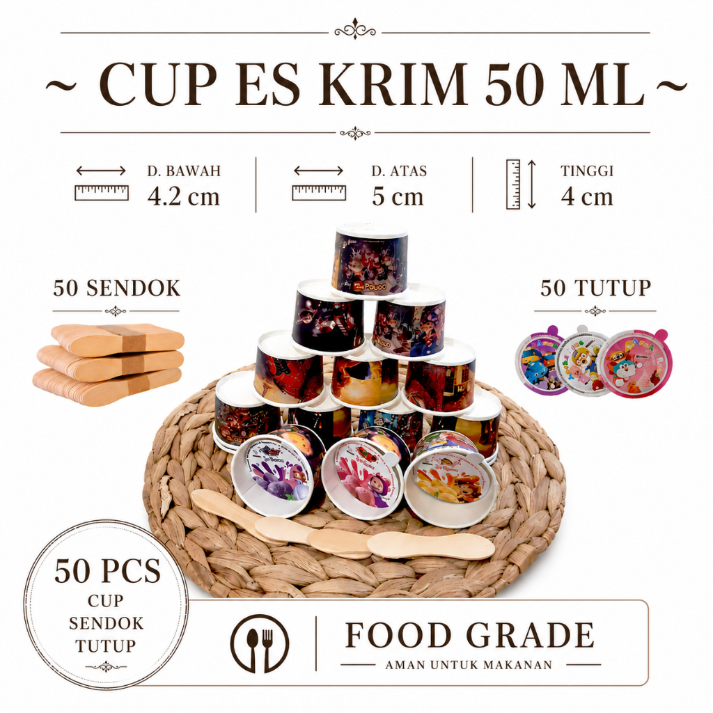 ถ้วยไอศกรีมพลาสติก 100 มล. พร้อมลวดลายและช้อนครบชุด 50 ชิ้น ขายถ้วยไอศกรีมพลาสติก - ขนาดถ้วย 60