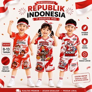 Setelan Jersey Kemerdekaan Indonesia Anak Laki - Laki dan Perempuan Usia 0-13 Tahun Full Printing Sublim Bahan DryFit Milano / Setelan Viral / Setelan Jersey / Setelan Merah Putih / Setelan Hut RI Kemerdekaan / Setelan 17 Agustus / Setelan Kemerdekaan