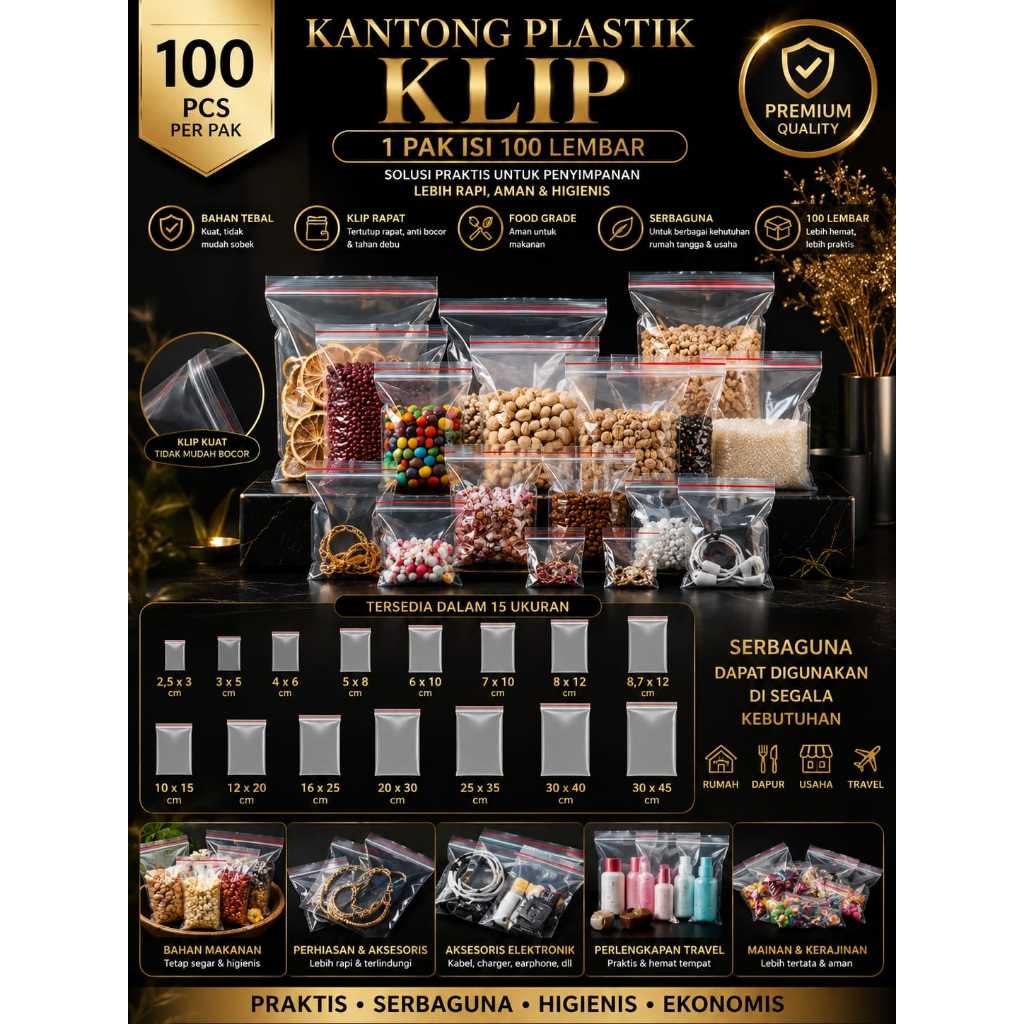 KLIP ถุงพลาสติก / ซิปล็อค / ซิปล็อก / ซิปล็อค / ขนาด 12x20 / 16x25 / 20x30 / 25x35 / 30x40 / 30x45 /