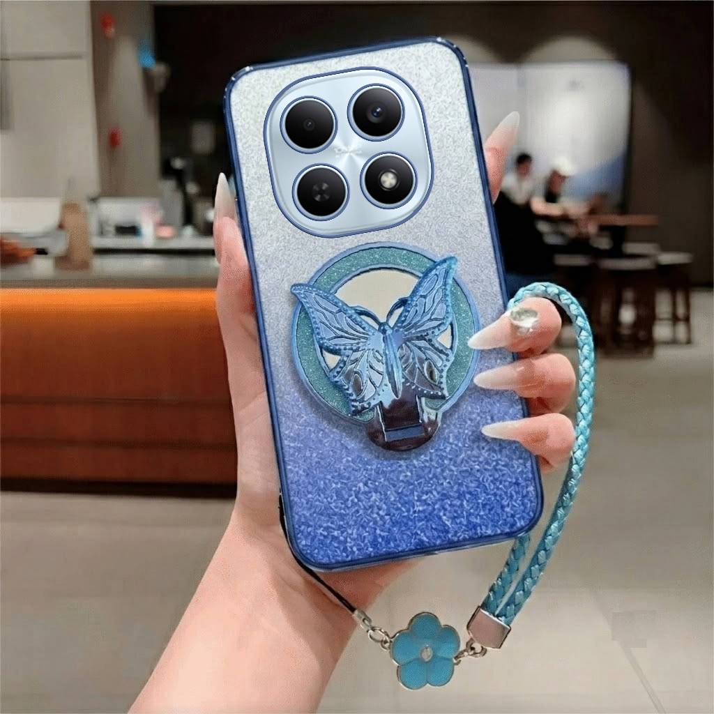 Softcase Aesthatic Poco X7 5G X7 Pro Softcase หรูหรา Glitter แหวนผีเสื้อกระจกผู้ถือฟรีสายคล้อง Flowr