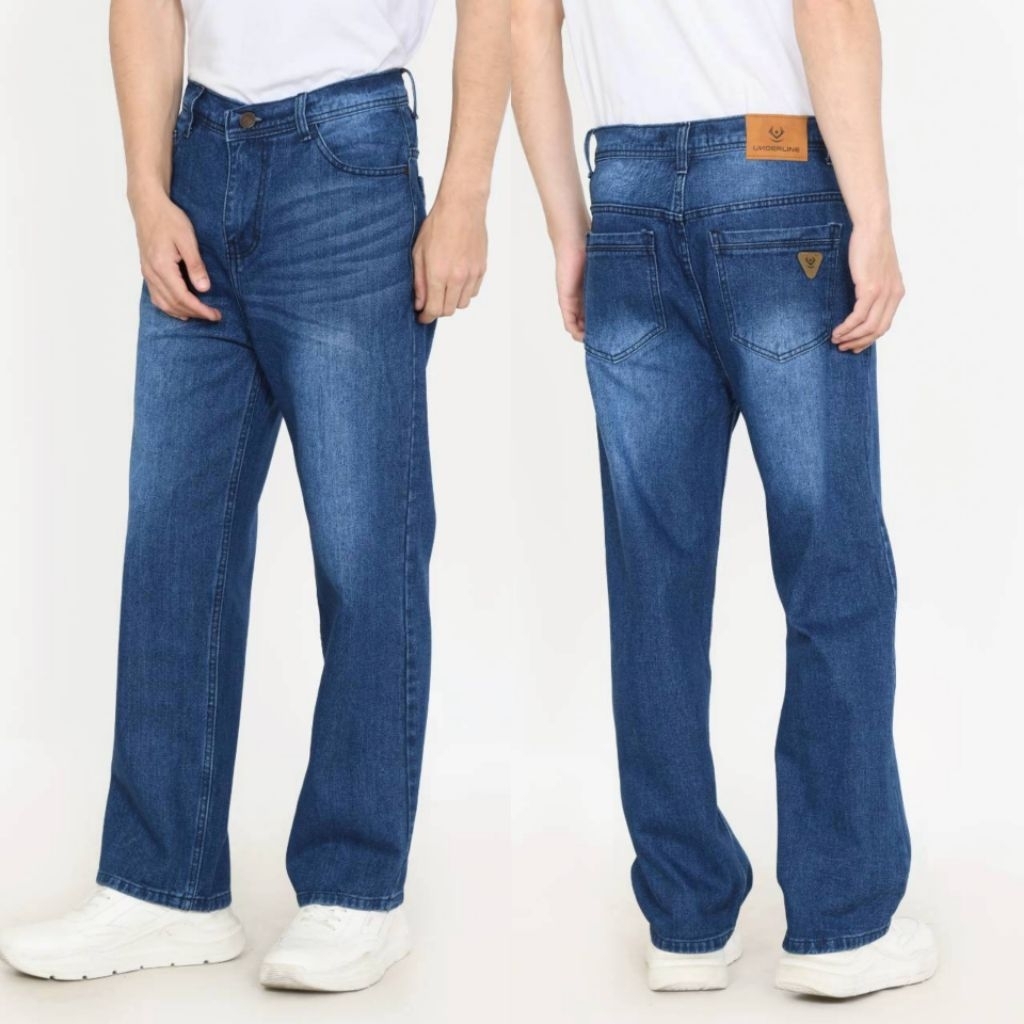Skena Mens Baggy Denim Washing Whisker Underline Jeans / Mens Baggy Denim Non Stretch Baggy Washed J