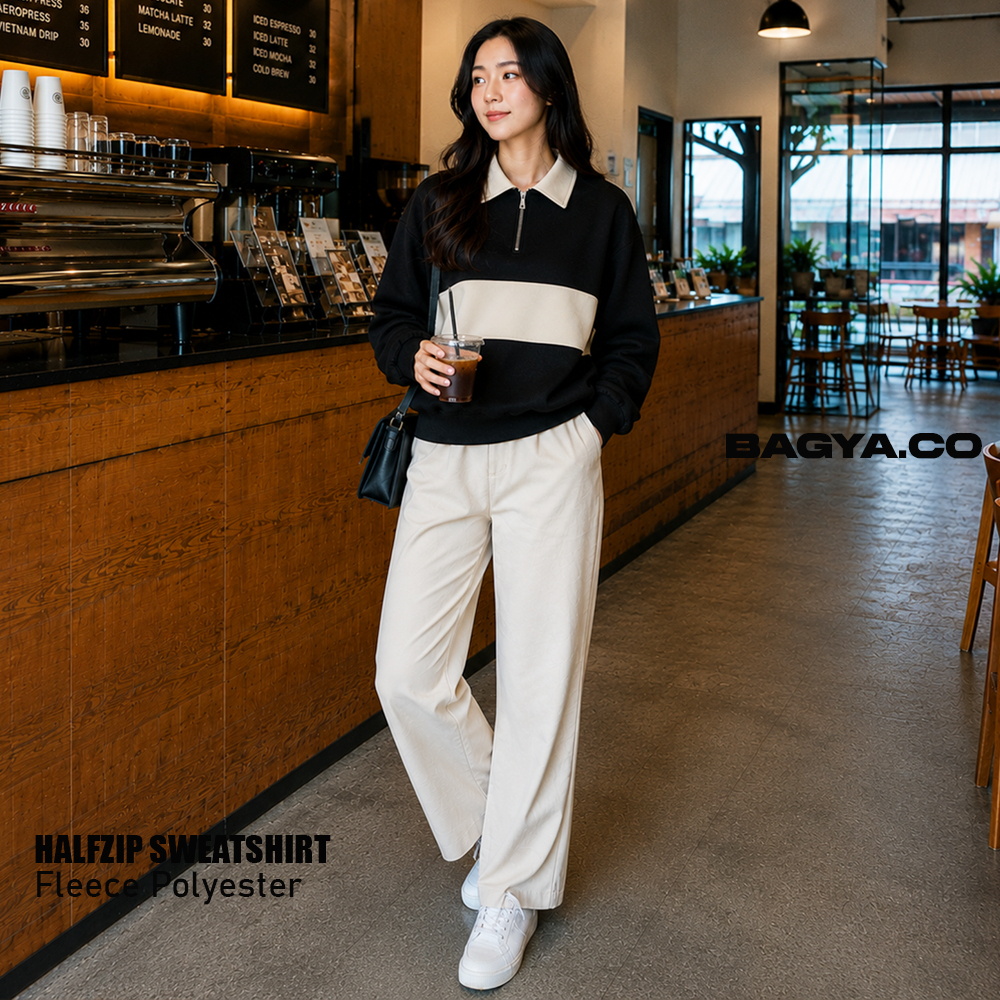 Rugby Half Zipper Twotone Plain Sweater Halfzip ล่าสุด Crewneck Collar สําหรับผู้ชายและผู้หญิง