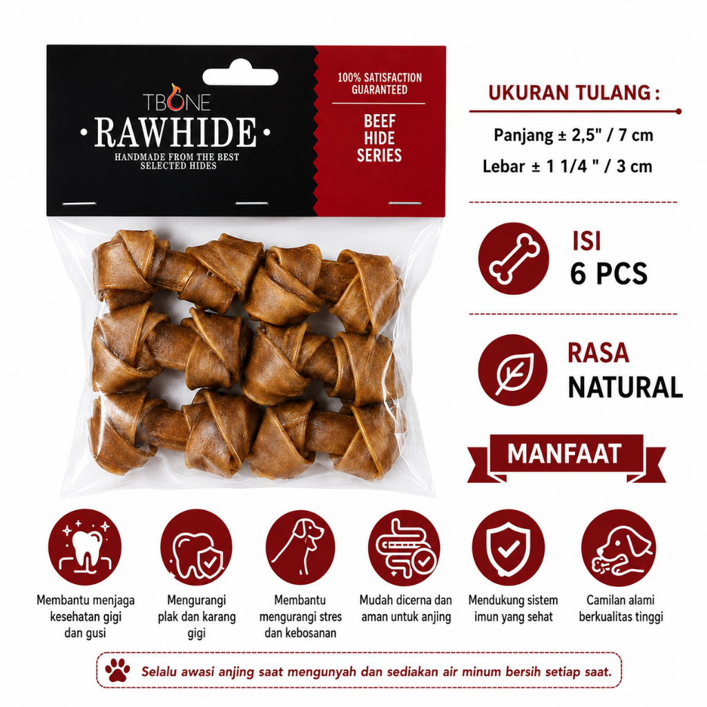 T-Bone Rawhide Dog Bite Knott Bone รสธรรมชาติ 6 ชิ้นขนาด 2.5 "x1 1/4" / 7x3 ซม. - ขนมสุนัขธรรมชาติกร
