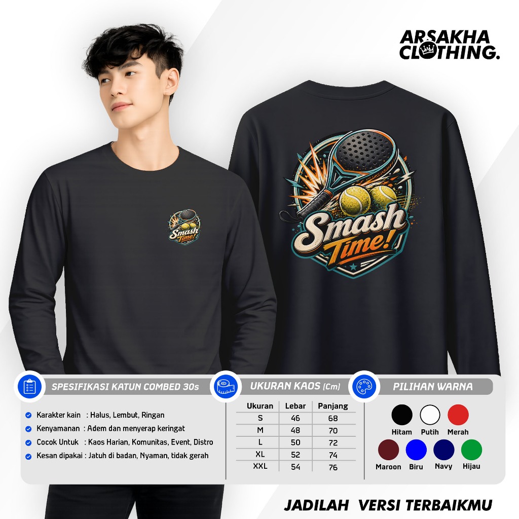 Padel Smash Time เสื้อยืดแขนยาว Padel กีฬา A4 ผ้าฝ้ายหวี 30s NC DTF หน้าจอการพิมพ์ Arsakha เสื้อผ้า