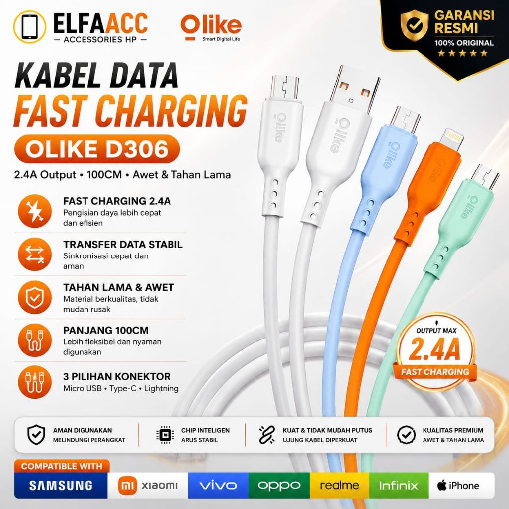 OlyIKE Data Cable D306M D306C D306L Micro 2.1A / Type-C 2.4A / Lightning 2.1A Fast Charging 100CM Of