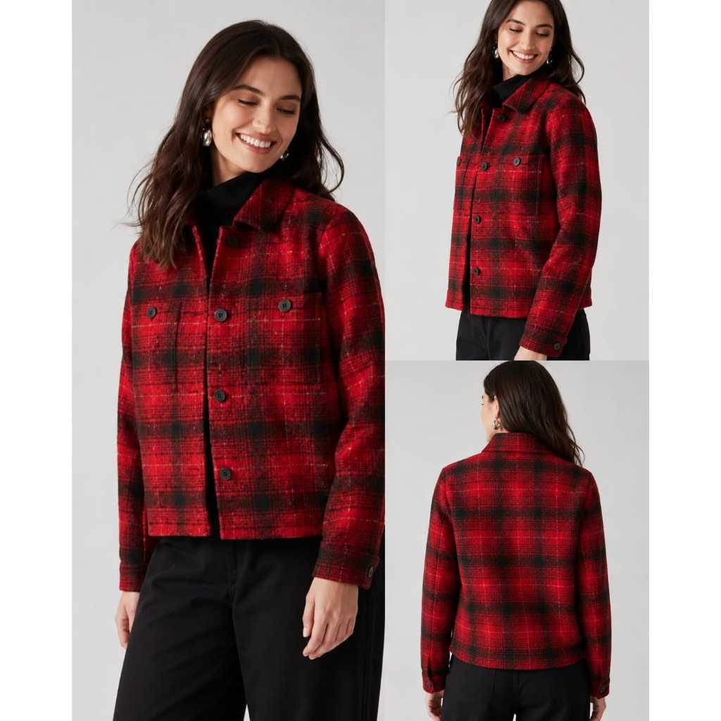 J.Jill Brushed Cropped Jacket Shirt ใน Scarlet Multi Red Plaid Jacket