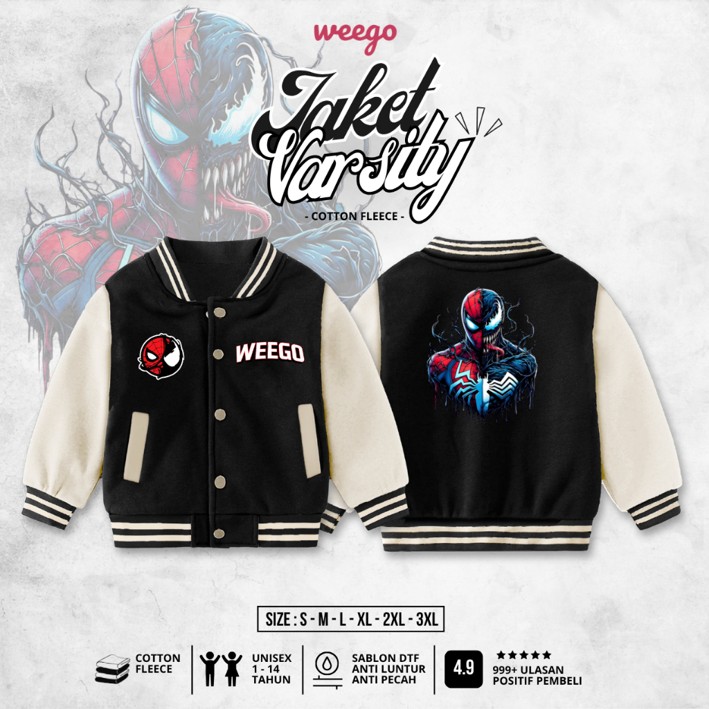 Weego - Spiderman X Venom Fleece เสื้อแจ็คเก็ตบอมเบอร์เบสบอลแบบหนาสําหรับเด็กชายและเด็กหญิง Premium 
