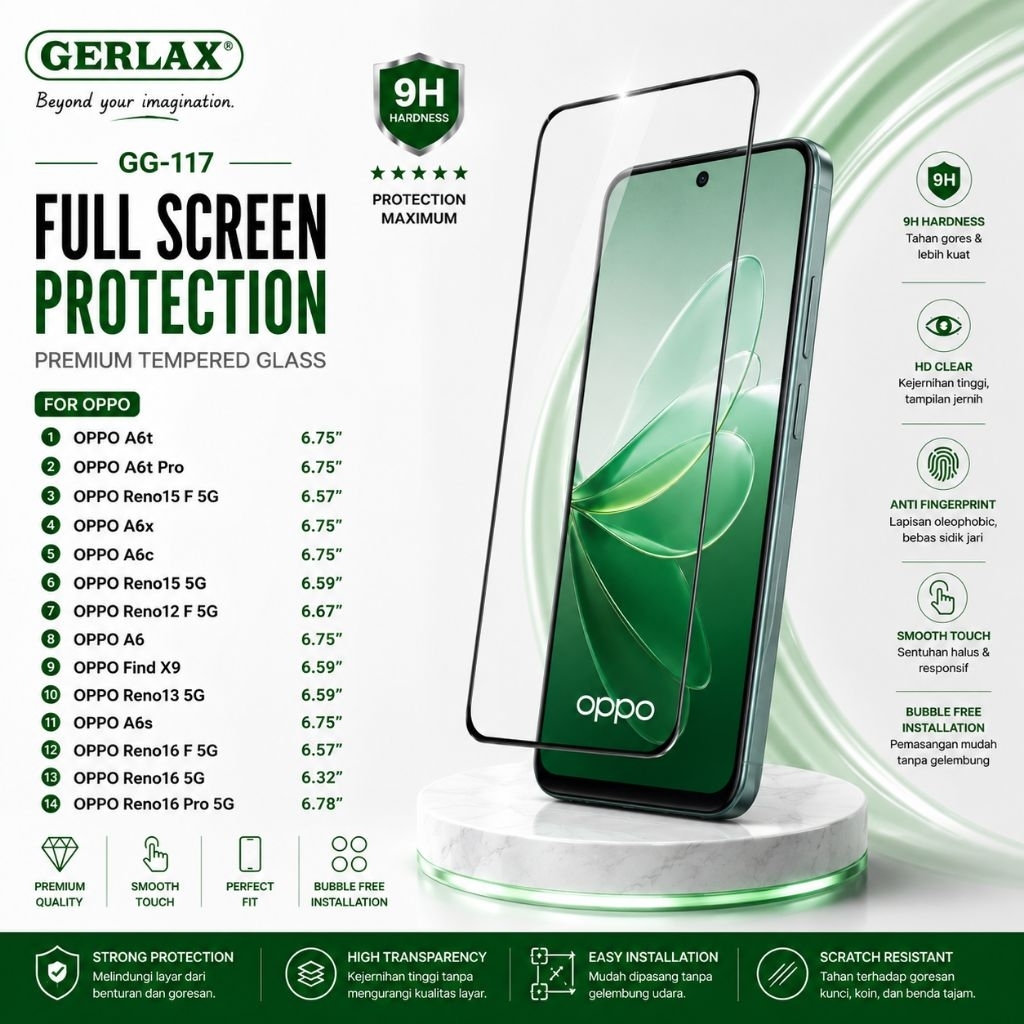 GERLAX กระจกนิรภัย OPPO A6 A6s A6c A6t A6x Reno12 F 5G Reno13 5G Reno15 5G Reno15 F Reno16 เต็มหน้าจ