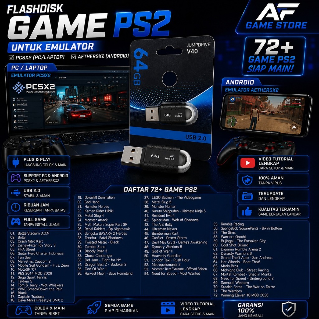 PS2 64GB USB 2.0 แฟลชไดรฟ์เกมสําหรับพีซีและ Android Emulator, 72+ เกม