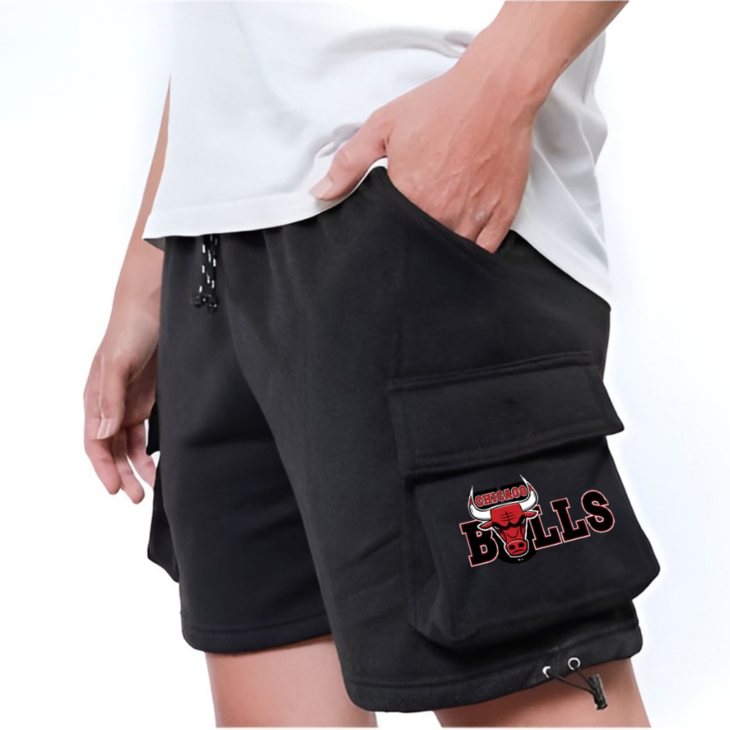 CHICAGO BULLS LOGO Cargo Shorts กางเกงสีดําสุดเท่มีกระเป๋าสองข้าง