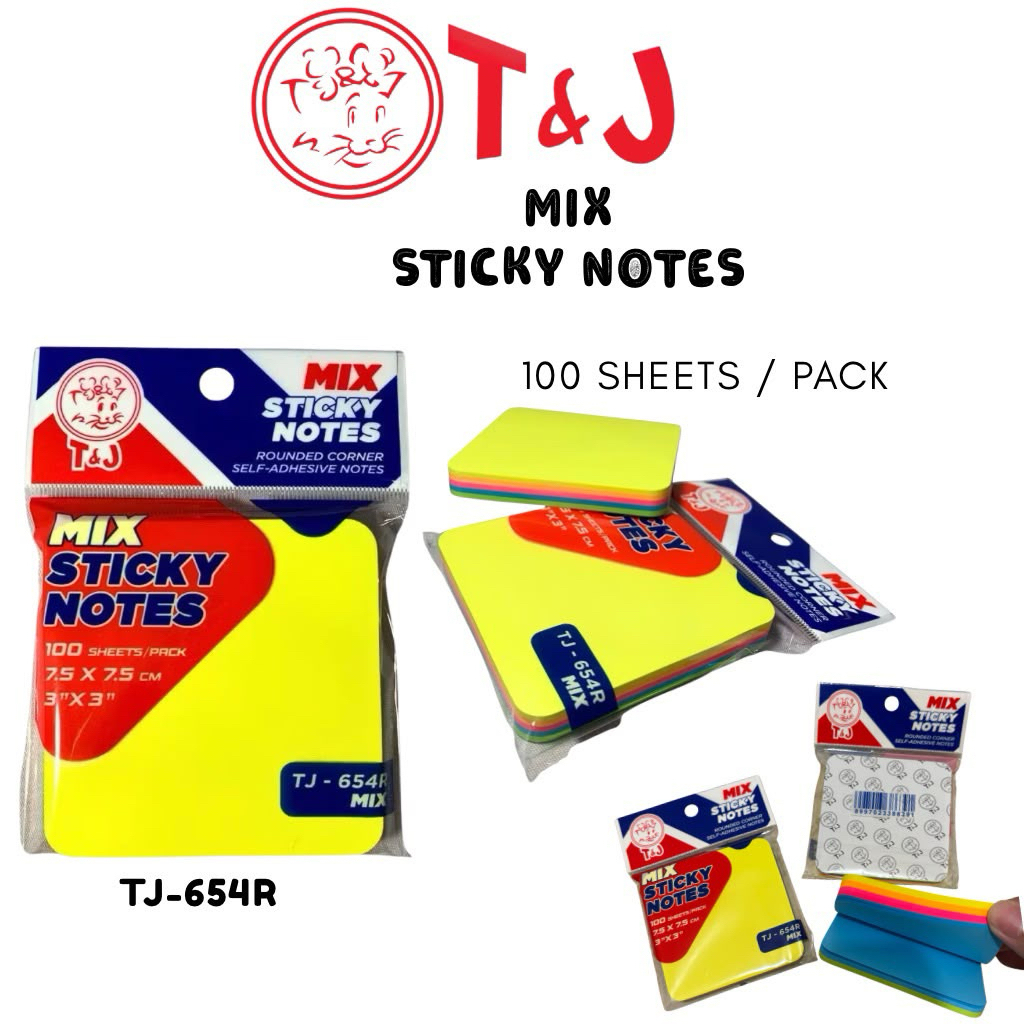 T&J Mix Sticky Notes TJ-654R Sticky Notes 7.5 x 7.5 ซม. มีสีสัน Post It 100 แผ่น Sticky Notes