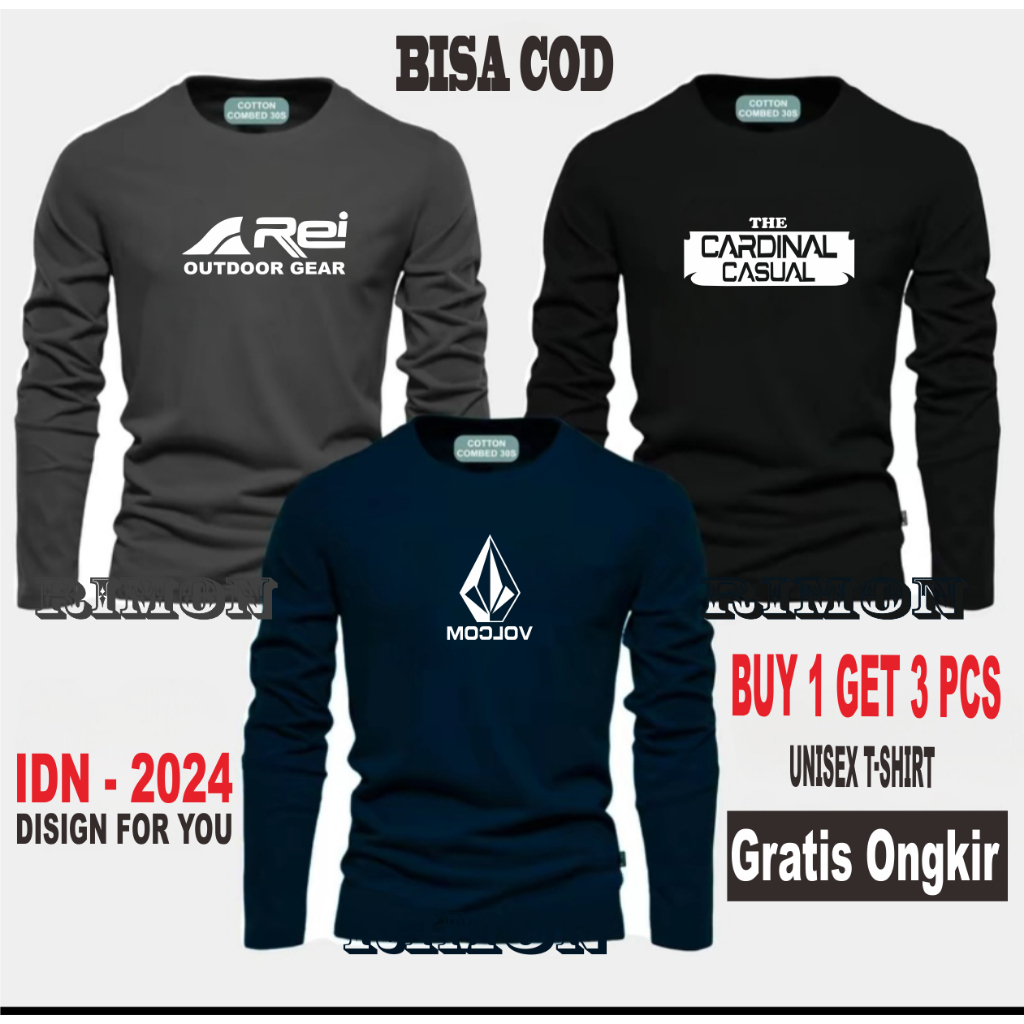 ซื้อ 1 แถม 3 ชิ้น เสื้อยืดแขนยาวพรีเมี่ยม Distro พร้อมโลโก้ Volkom Rei The Card Casual PJ พิมพ์เสื้อ