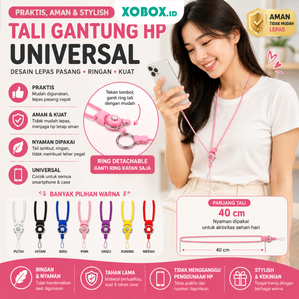 สายสร้อยคอ HP GANTUNGAN RETAIL 2-in-1, ที่วางโทรศัพท์มือถือ, Nametagแบบห้อยคอ, Flashdisk, สายคล้องบั