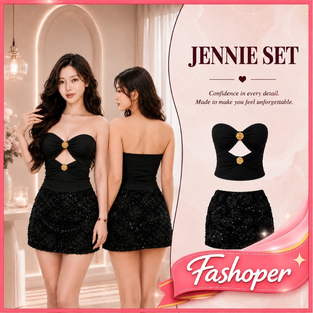 (ข้อเสนอบ้า) Fashoper Jennie Set Women Bangkok Premium Short Skirt Set Tube Top & Mini Lace Skirt Se