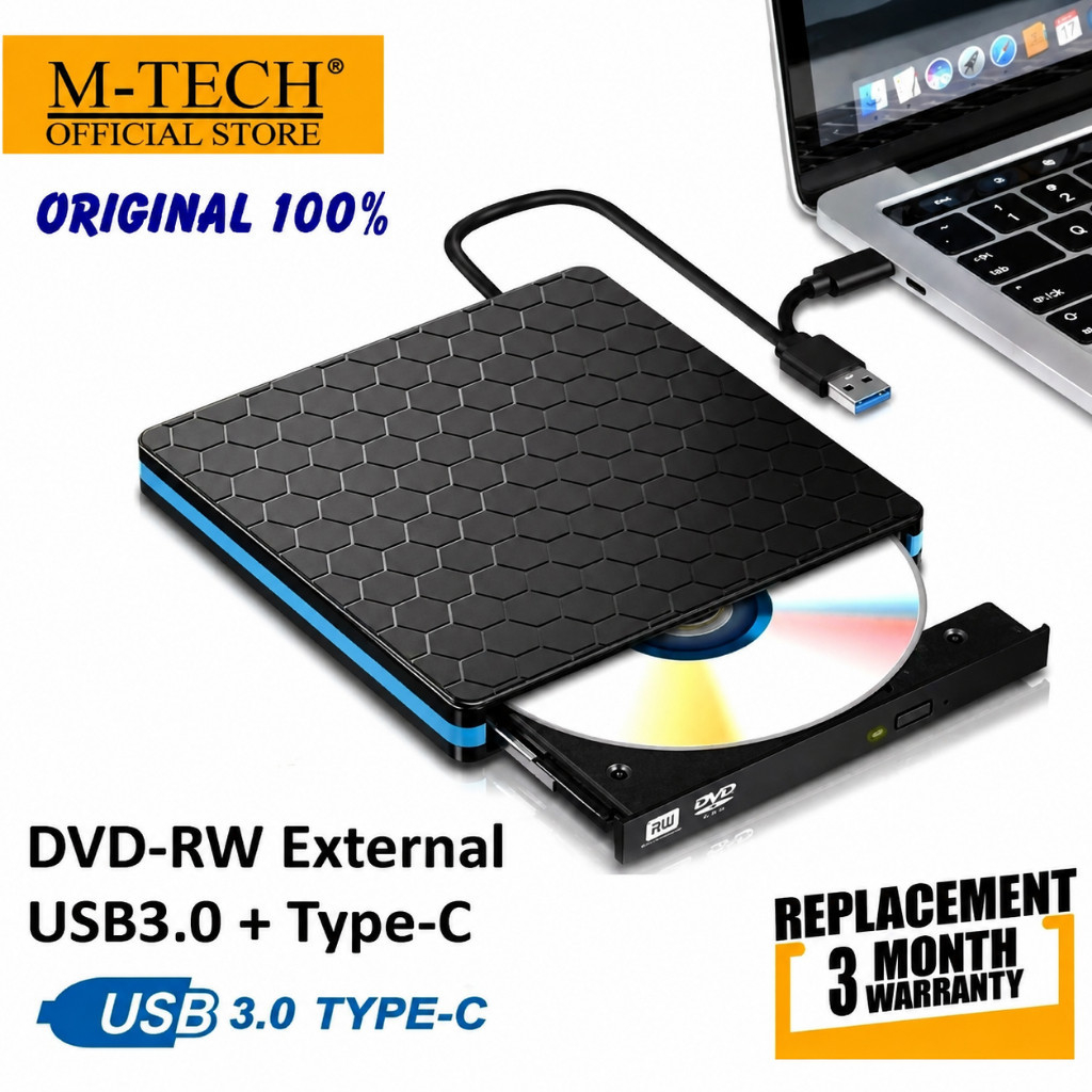M-Tech Original External DVD RW Type C USB 3.0 Slim External Writer CD macbook pc windows แบบพกพา