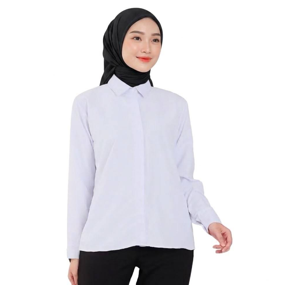 KEMEJA SCBA - เสื้อเชิ้ตสํานักงานสีขาวธรรมดาสําหรับผู้หญิงพร้อมแขนยาวและกระเป๋า