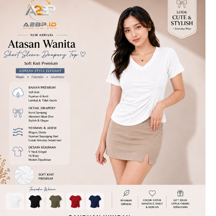 A2BP MR009 ผู้หญิงแขนสั้น V คอ Drapery ด้านข้างจีบสไตล์เกาหลี Fit Body Spandex เรยอน Casual Elegant 