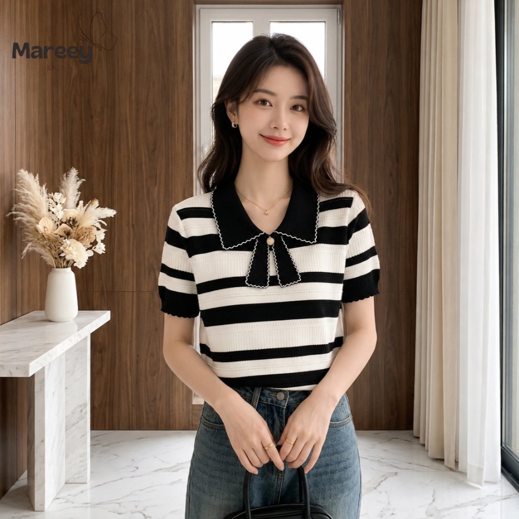 Mareey - เสื้อไหมพรมคอปกลายทาง Chafia พร้อมปกริบบิ้น (HBP)