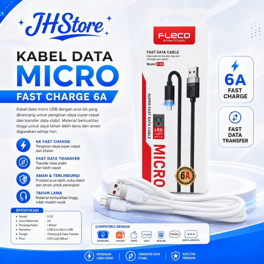 สายเคเบิลข้อมูลอย่างรวดเร็ว ORIGINAL FLECO F-53 ไฟ LED 6A USB เป็น MICRO / Type-C Android สายชาร์จเร