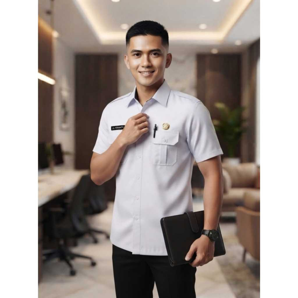 เสื้อ PDH สีขาวผู้ชาย KEMEJA พร้อมคอปกสีดํา / SHORT SLEEVES / OFFICE UNIFORM / เสื้อเชิ้ตสีขาว PLAIN
