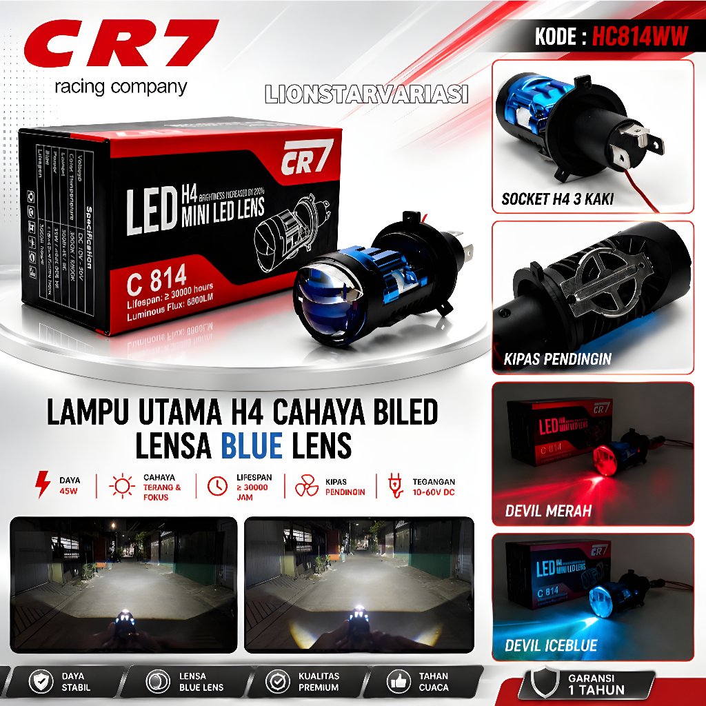 CR7 C814 - H4 LED ไฟหน้าบิลโปรเจคเตอร์ Dual เลเซอร์เลนส์สีฟ้า Plus Devil พัดลมมอเตอร์รถ Piw Piw
