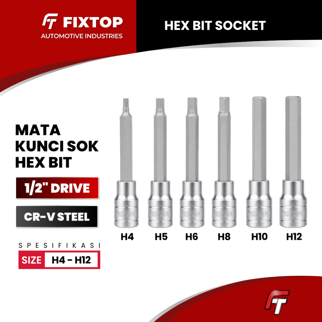 MATA FIXTOP ซ็อกเก็ตบิตหกเหลี่ยม 1/2 นิ้ว H4 H5 H6 H8 H10 H12 ความยาว 100 มม. เหล็ก CR-V