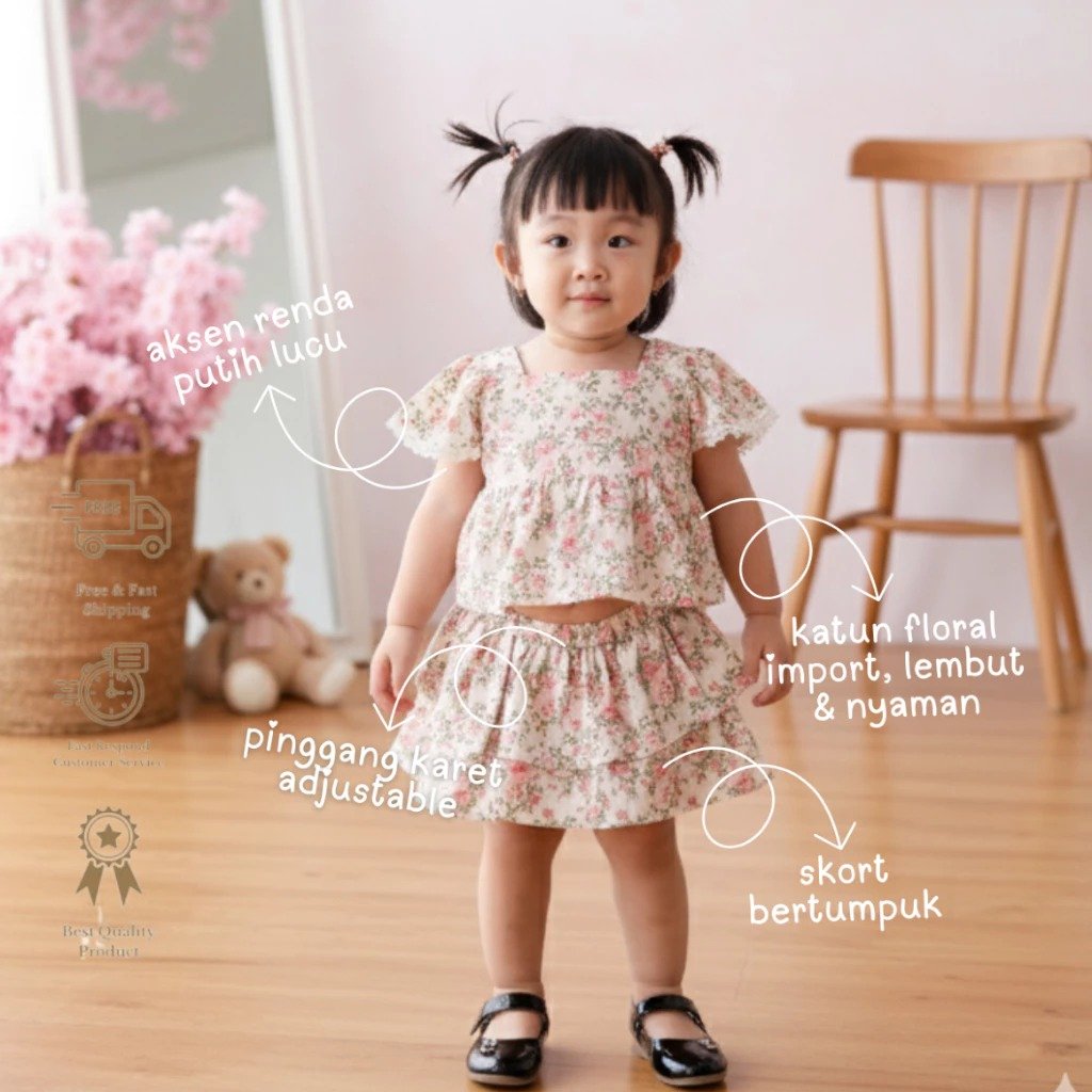 Loli Jolly Girls Set เอเลนอร์ Pink Rose White Floral Skirt 0 - 3 ปี