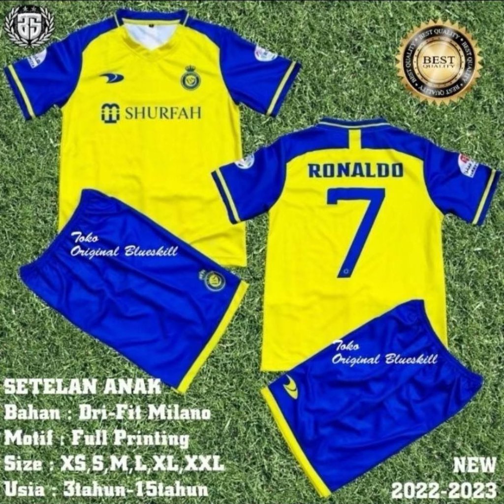 ชุดเสื้อฟุตบอล SHURFAH Ronaldo 7 สําหรับเด็กสีเหลืองและสีน้ําเงิน วัสดุ Dri-Fit Milano
