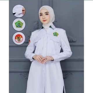 TUNIK PDH KEMENAG PUTIH WANITA LENGAN PANJANG TERBARU 2025 / BAJU WANITA ASN PUTIH / KEMEJA WANITA PUTIH LENGAN PANJANG LIST HIJAU