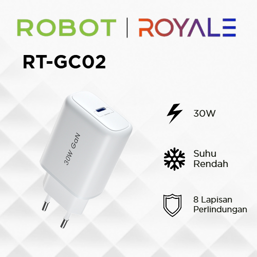 ROBOT RT-GC02 GaN 30W Type-C Fast Charging Charger Adapter สําหรับ Iphone 15 16 17 การรับประกันเดิม